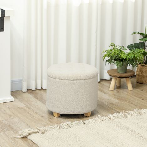 Pouf contenitore rotondo con coperchio e gambe in legno, poggiapiedi per soggiorno, corridoio, camera da letto, bianco crema (1/5)