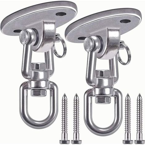 Kit di sospensione comprendente 2 ganci a soffitto girevoli a 360° in acciaio inox, con portata di 500 kg, per appendere una lampada, un'amaca, un sacco da boxe e una cinghia da allenamento. (1/4)