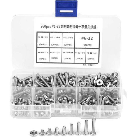 260 Pièces Vis à Tête Cylindrique, 6-32 Kit D'assortiment de Vis à Métaux à Tête Cylindrique Croisée en Acier Inoxydable avec Boîte de Rangement pour Les Réparations Maison, La Menuiserie (1/5)