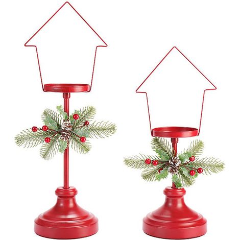 (Schneehaus-Stil) Roter Weihnachtskerzenhalter für den Schreibtisch, Weihnachtsdekoration aus Eisen, künstliche rote Beeren, Tannenzapfen, DIY-Kerzenkranz (1/2)
