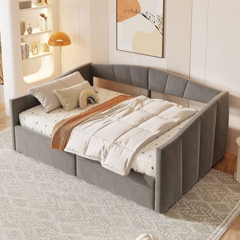 Lit banquette coffre 140x200 cm gris en velours, rangement hydraulique, dossier et accoudoirs rembourrés, sommier 26 lattes inclus (1/5)