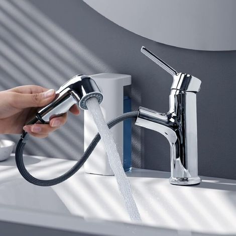 Mitigeur Lavabo Douchette Extractible Monocommande Deux Jets Eau Robinet Salle de Bains (1/4)