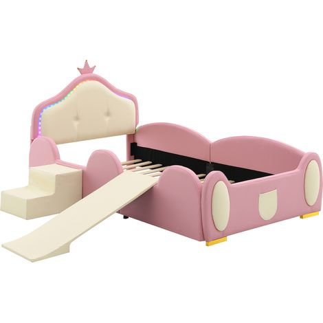Cama infantil tapizada Crown con LED, tobogán y escalera, PU rosa y beige 90x200 cm (1/5)