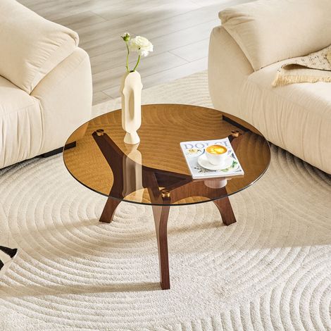 Couchtisch rund aus Bernsteinglas und MDF in Nussbaumoptik, Ø 80 cm, hitze- und kratzfest