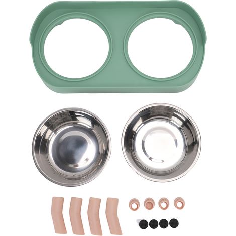 Ciotola rialzata per gatti, doppia ciotola integrata in acciaio inox, ciotola piatta per cibo e acqua, verde, comfort (1/5)