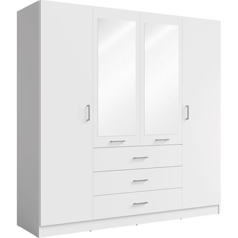 Armadio KALISTA 200 cm bianco opaco – 4 ante a battente, 2 specchi, 3 cassetti