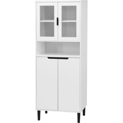 Grande bibliothèque avec porte en verre trempé et tablette réglable, 4 portes, meuble en MDF laqué, blanc, rangement pour salon et chambre (1/5)