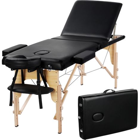 Yaheetech Lettino Massaggio Portatile Pieghevole a 3 Zone in Legno Faggio per Fisioterapia Portata 250 kg Altezza Regolabile Poggiatesta e Braccioli Rimovibili con Sacchetto per Polvere Nero