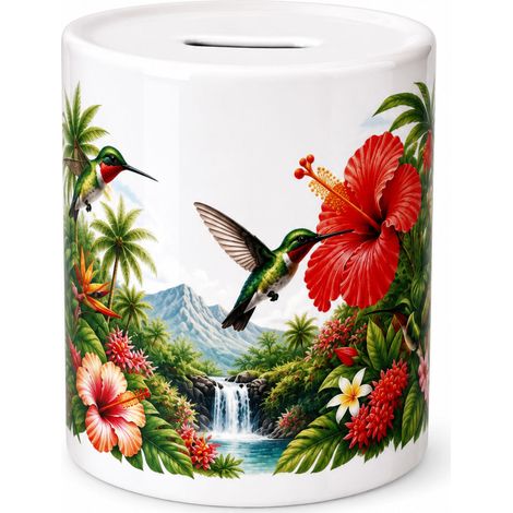 Tirelire colibri en céramique décor tropical fleuri (1/3)