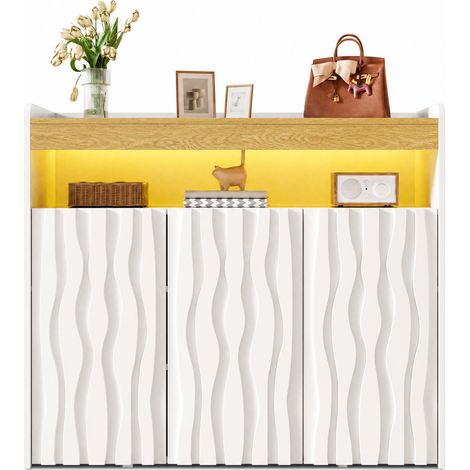 CHICFURN Buffet LED à 3 portes avec motif ondulé, niche ouverte et étagères réglables, meuble de rangement blanc et bois clair pour salon, entrée ou salle à manger (1/5)