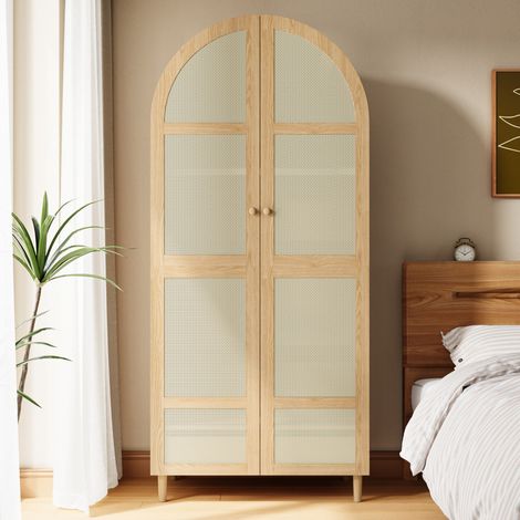 Armoire penderie moderne 80x50x179 cm avec portes arquées à cannage en rotin, tringle, étagères et tiroirs, pieds en bois,MDF, effet bois naturel (1/5)