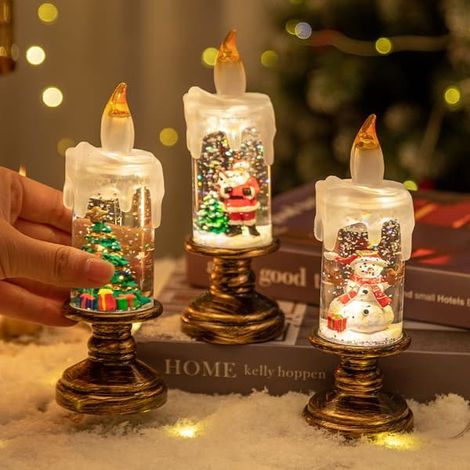 Ensemble de 3 bougies de Noël sans flamme, bougies sans flamme vacillantes avec minuterie, lumières LED, guirlandes lumineuses flocons de neige à piles pour décoration de Noël (1/5)