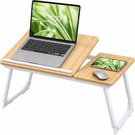 Relaxdays Laptop Table for Bed & Sofa, Folding Bed Table, Height-Adjustable, Bed Tray, Metal, Natural/White (1/5)