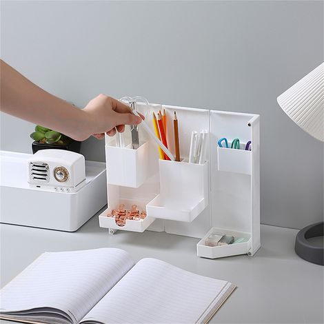 Boîte à crayons pliable et sur pied pour bureau, porte-crayons magnétique en plastique blanc (1/5)