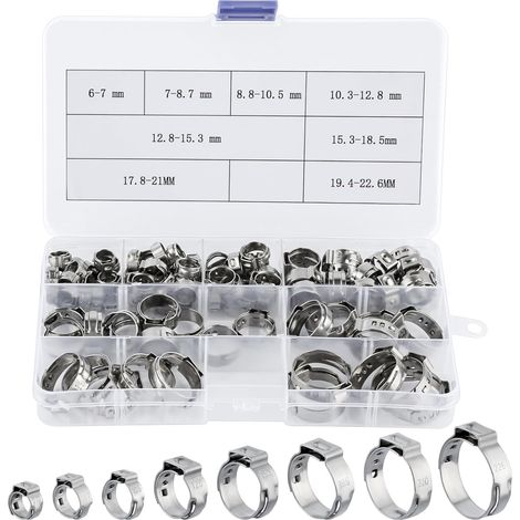 95 Pièces Collier de Serrage Inox, Collier de Serrage Tuyau avec 8 Tailles 6-22,6mm, Colliers deSerrage Métallique, Collier Tuyau à Oreille Réglable pour Tuyaux D'eau, Tubing Automobile (1/5)