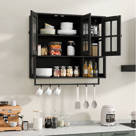 Schwarzer Bad-Wandschrank aus MDF und gehärtetem Glas mit 3 Türen und Handtuchhalter (1/5)