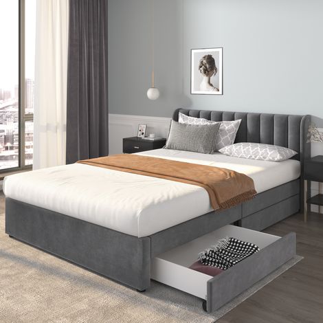 Cama tapizada 160x200 cm de terciopelo gris con 2 cajones y cabecero, sin colchón – MEUBLIV (1/5)