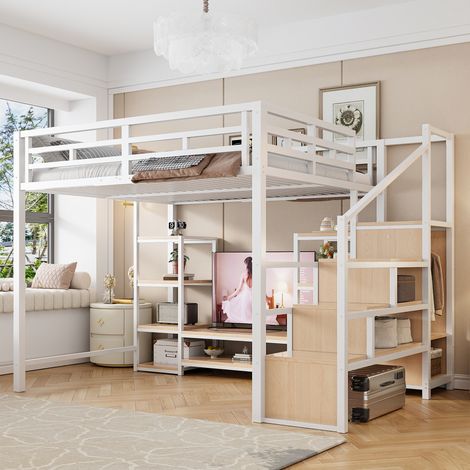 Lit mezzanine 140 x 200 cm en métal blanc avec support TV et prise intégrée, gain de place (1/5)