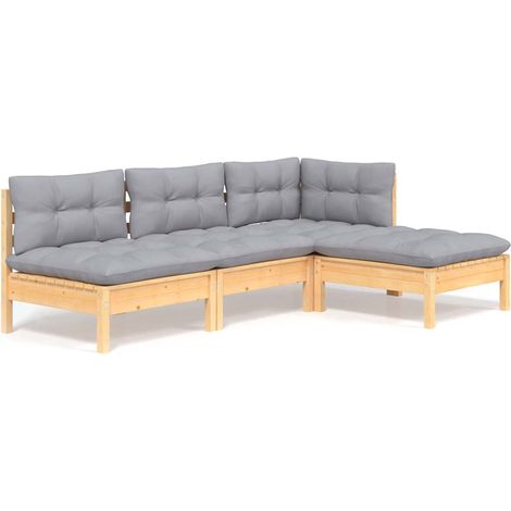 Set Divani da Giardino 4 pz Salotto da Giardino con Cuscini Grigi Massello di Pino (1/5)