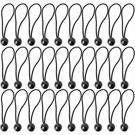 Attaches élastiques en 30 pièces, attaches en caoutchouc avec boules élastiques pour tentes, bannières, drapeaux, camping, pavillons (noir) (1/5)