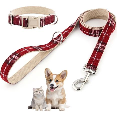 Ensemble collier et laisse en coton chanvre pour chien de petite, moyenne et grande taille, robuste et doux sur la peau (carreaux rouges, taille S) (1/5)