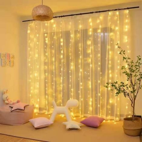 3x2m 200 LED Blanc chaud Guirlande lumineuse rideau LED avec télécommande, 3M, USB, pour fenêtre, chambre à c (1/4)