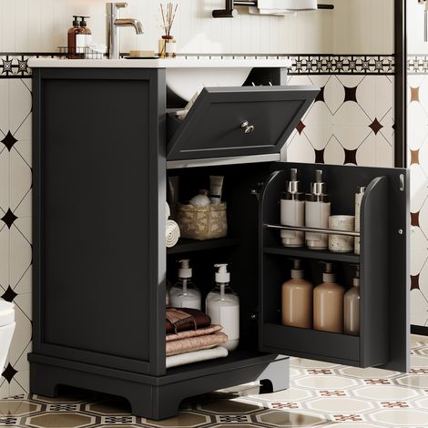 514687cm MDF-Waschtisch, komplett lackiert, mit Auszugsschublade und verstellbaren Regalböden, Schranktürregalen, hohen Schrankfüßen, integriertem Waschbecken, Schwarz