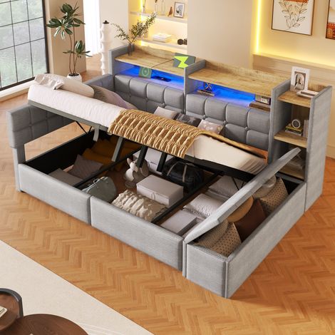 Lit de jour convertible en canapé-lit, 140 × 200 cm, suspension hydraulique, ports USB et Type-C, compartiment de rangement, banquette de rangement au pied du lit, lit enfant avec rangement (1/5)