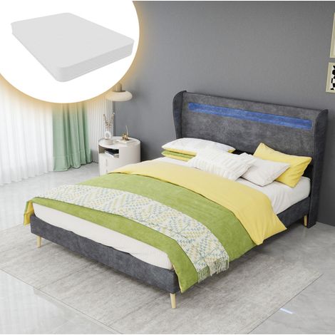 Letto imbottito moderno in tessuto grigio 140x200 cm con testiera regolabile e LED integrato, struttura in metallo