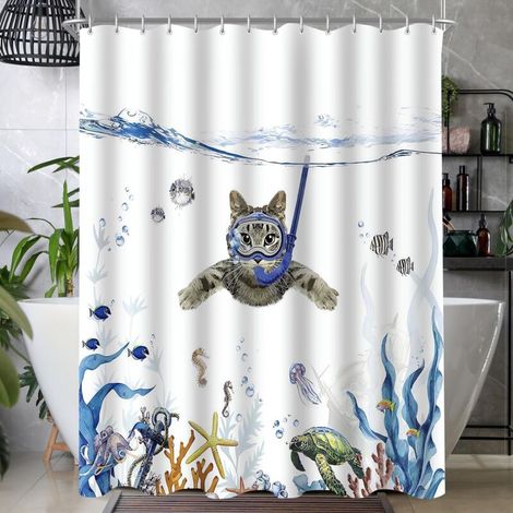 Duschvorhang mit schwimmender Katze, schimmelresistent, beschwerter Saum, wasserdicht, waschbar, Polyestergewebe, mit 6 Ösen und Duschvorhangringen - Crezuo