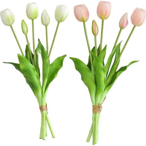 Echt wirkende Tulpen Weiß, Rosa Kunstblumen Künstliche Tulpen Künstlicher Blumenstrauß Tulpe 40 cm Seidenblumen Latexblume Hochzeit Frühling (1/5)
