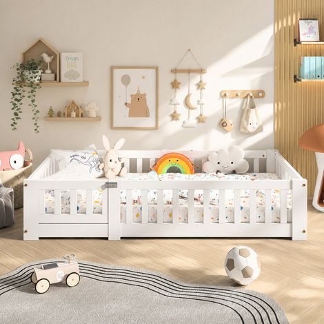 Lit enfant 90x190 cm avec barrière antichute et sommier à lattes, lit montessori en pin massif blanc pour chambre enfant