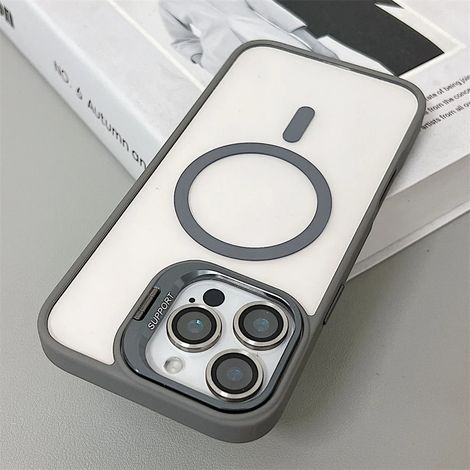(iPhone 15 Pro, Gris) Étui de téléphone magnétique antichoc, compatible MagSafe, avec protection d'objectif en verre.