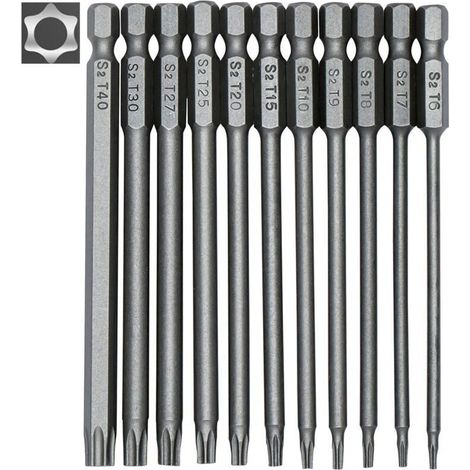 Jeu de 11 embouts longs Torx pour tournevis et visseuse électrique - Embouts magnétiques - Tige hexagonale de 1/4" - Tailles T6 à T40 - Longueur 100 mm (1/5)