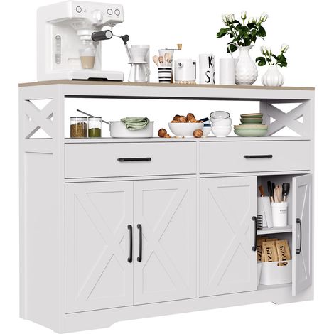 Buffet Salon Moderne avec 4 Portes et 2 tiroirs, Commode Rangement 140 x 40 x 105cm, Panneau de particules, Blanc (1/5)