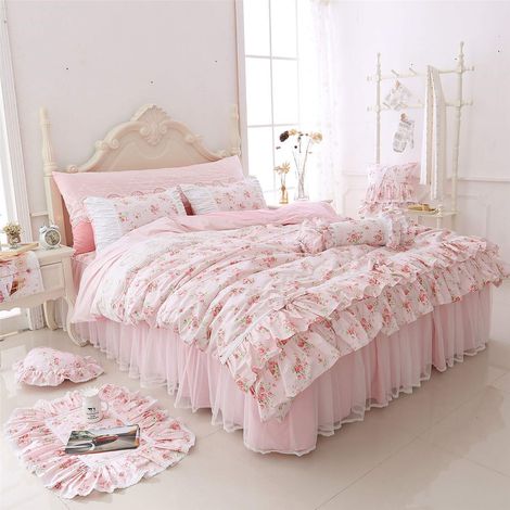 Parure de lit 4 pièces avec Housse de Couette et Jupe de lit en Dentelle Rose à Volants Style Shabby Chic Romantique pour lit Simple (1/5)