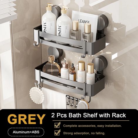 (B 2 pièces Étagère grise) Étagère de salle de bain pour douche, étagère murale pour flacons de shampoing, rangement d'angle sans perçage, accessoires de salle de bain (1/5)