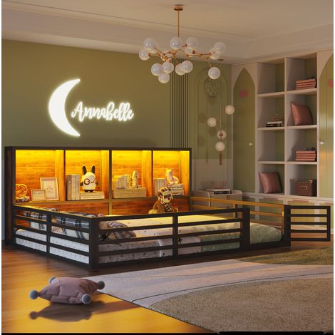 Cama daybed de metal y MDF negro 140x200 cm con barandillas de seguridad, somier de láminas, estantes laterales y LED (1/5)