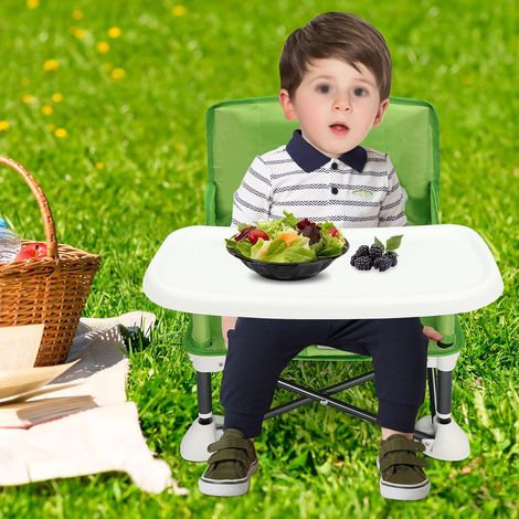 Faltbarer Baby Campingstuhl, Zusammenklappbar Booster Fütterungsstuhl mit abnehmbarem Tablett in Übergröße und Sicherheitsgurt für Esstisch Camping Strand (Grün) (1/5)