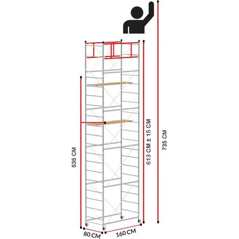 Scedil – Échafaudage mobile 7,35 m – Acier galvanisé électrolytique – 4 roues avec freins – Charge maximale 120 kg – Garantie 3 ans