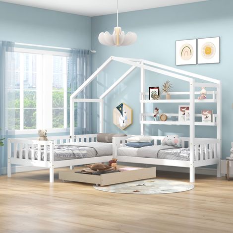 Lit cabane 90x200 cm + 140x70 cm, avec tiroirs et étagères de rangement, barrière anti-chute, structure en L, forme maison, sommier à lattes - Blanc (1/5)