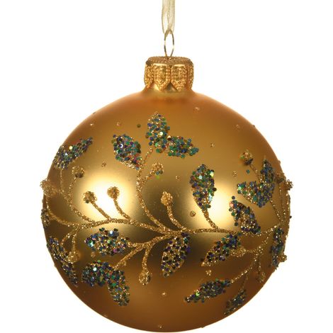 Pallina di natale colore oro lucido disegno con rami e foglie Ø8 cm