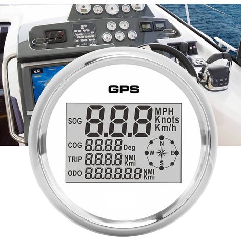 Odomètre numérique GPS pour voiture, odomètre de 85 mm, 0-999 km/h/mph, 12 V/24 V avec rétroéclairage 8 couleurs et boussole (fond blanc, cadre argenté). (1/5)