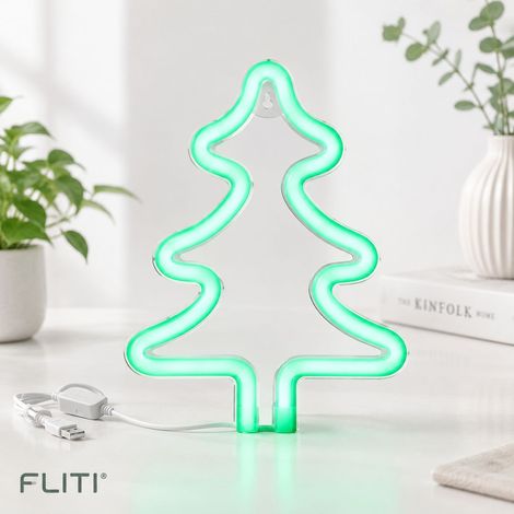 FLITI Veilleuse néon sapin de Noël 25cm, lampe de table décorative lumineuse verte en silicone et acrylique, éclairage ambiance USB piles (1/5)
