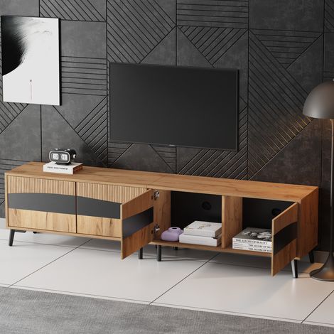 Mobile TV 180x40x50 cm, porta TV moderno da soggiorno per televisori fino a 75 pollici, con 4 ante e 8 piedini di supporto, legno naturale (1/5)