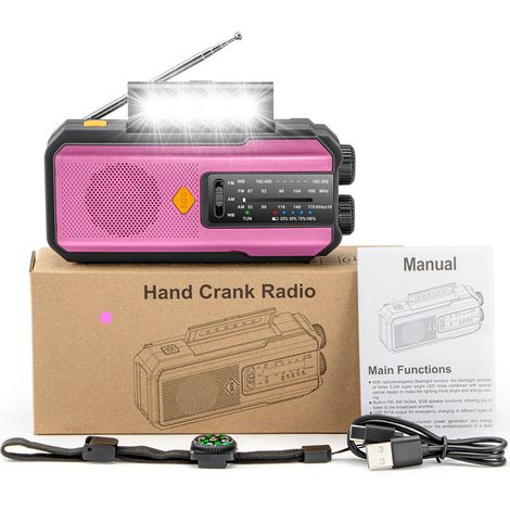 Radio d'Urgence Solaire avec Manivelle 2000mAh – Lampe LED, Alarme SOS et Batterie Externe, Résistante à l'Eau (Rose) (1/5)