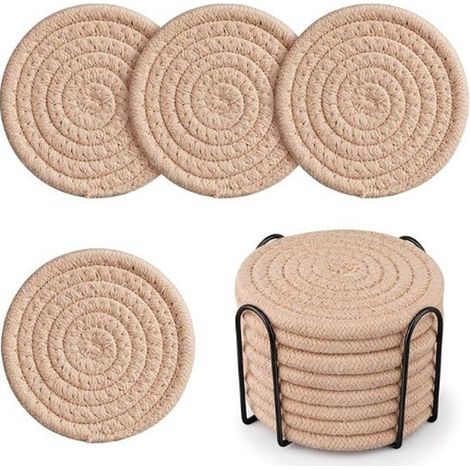 Set mit 8 Untersetzern (inkl. Aufbewahrungsgestell), wasserabsorbierende Untersetzer, für Couchtische, minimalistisches Set aus gewebten Baumwoll (1/5)