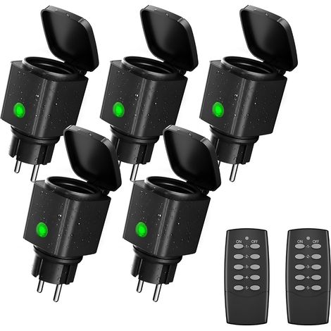 Prises radio avec télécommande - Étanche IP44 - 5 prises + 2 télécommandes - 3600 W - Portée de 30 m - Pour jardin, terrasse, balcon et éclairage extérieur (1/5)
