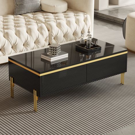 Couchtisch aus Spanplatte in Schwarz Hochglanz 100 cm mit Schubladen auf beiden Seiten