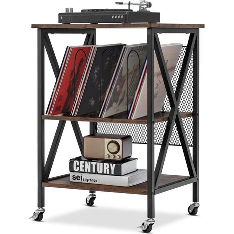 GOPLUS Table d’Appoint Chariot Roulant 3 Niveaux Rangement pour 250 Vinyles, Support de Tourne-Disque Cadre en Acier pour Salon, Chambre, Bureau, 52 x 45 x 75 cm, Marron Rustique (1/5)